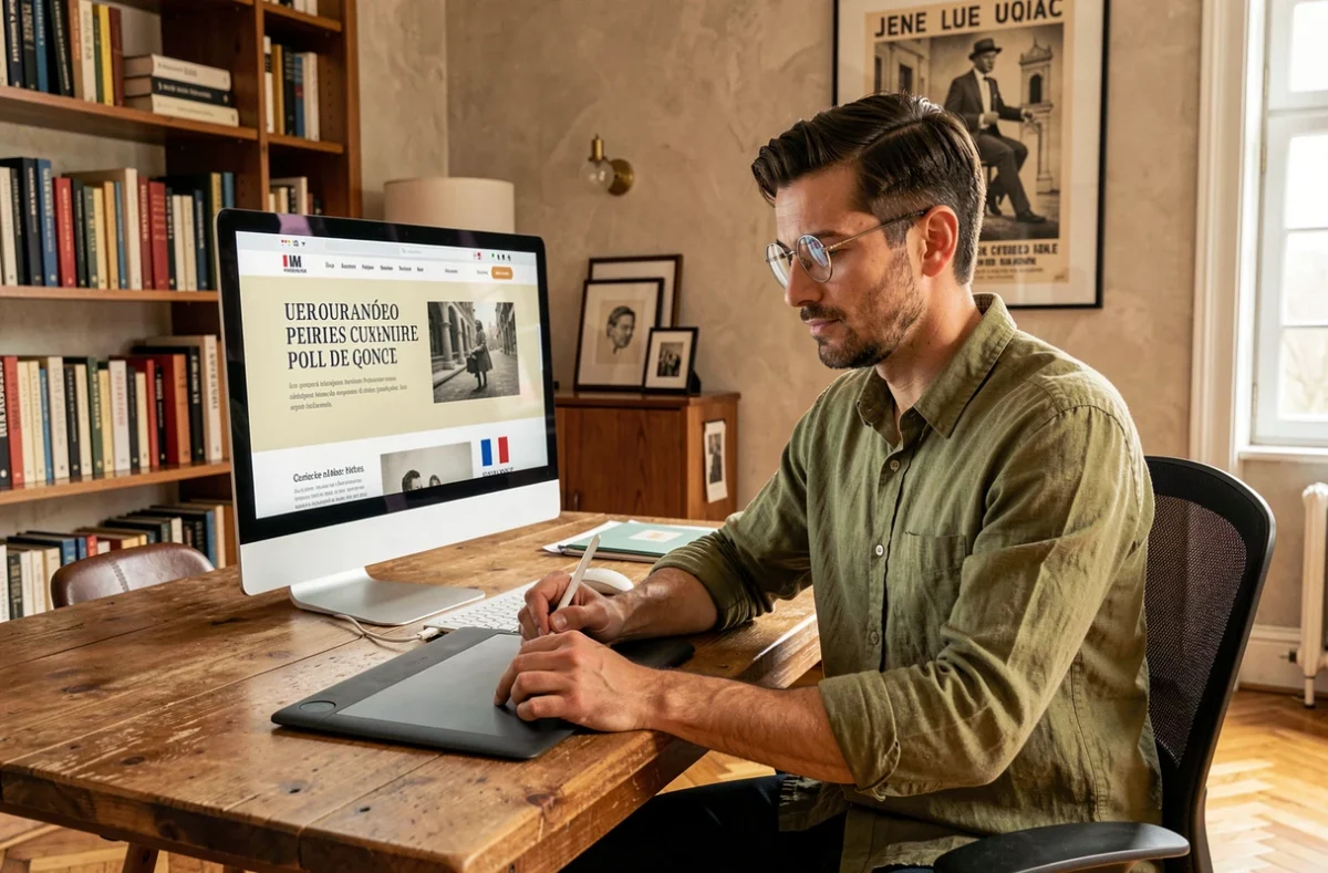 Graphiste de l'agence 1789.FR travaillant sur un site web à identité visuelle française sur une tablette graphique