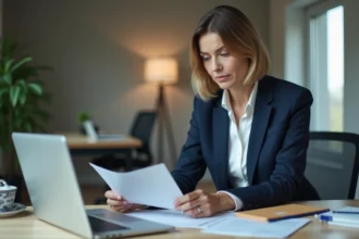 Femme professionnelle consultant des documents RH à son bureau avec une enveloppe La Poste