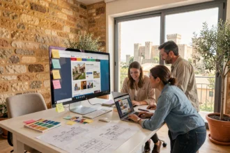 Équipe d'une agence de création de sites internet dans l'Aude travaillant autour d'une maquette web avec vue sur Carcassonne