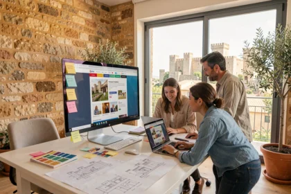Équipe d'une agence de création de sites internet dans l'Aude travaillant autour d'une maquette web avec vue sur Carcassonne