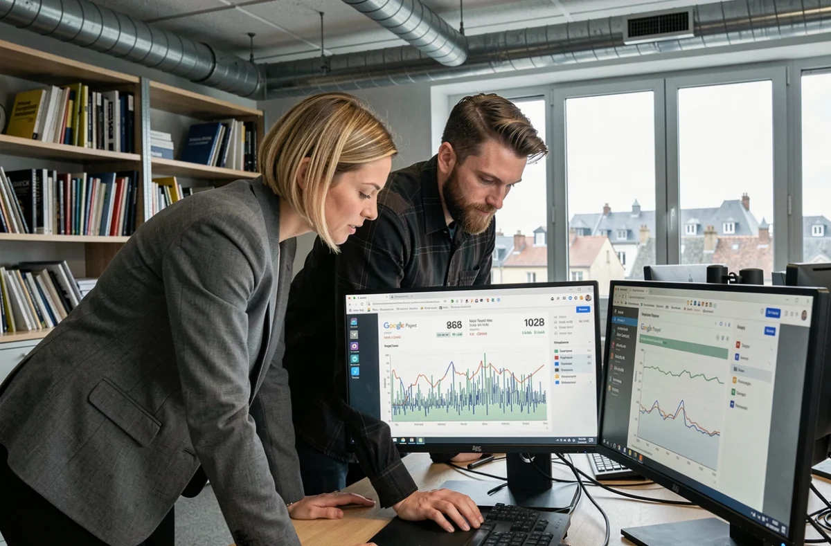 Deux spécialistes de l'agence Web Performance analysant des scores de vitesse de site sur des écrans dans un open space