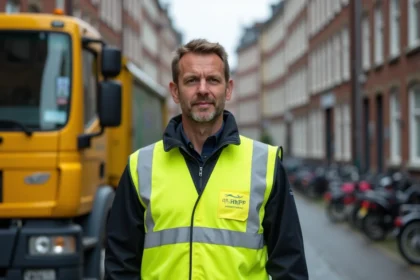 Agent municipal portant un gilet de sécurité personnalisé jaune avec logo de collectivité en milieu urbain