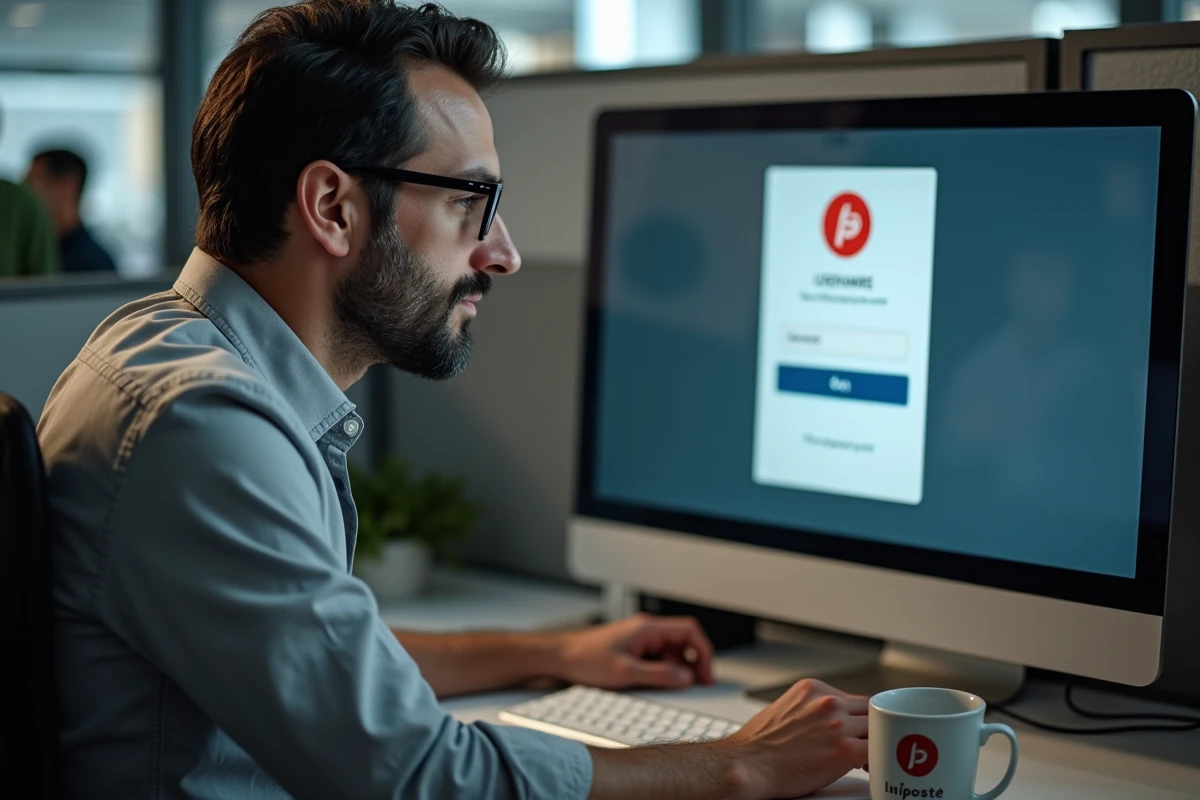 Agent postal masculin en train de se connecter à un portail extranet sécurisé sur ordinateur de bureau