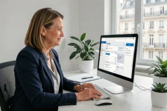 Agente de la Ville de Paris consultant le portail intranet IntraParis sur son ordinateur de bureau dans un open space moderne