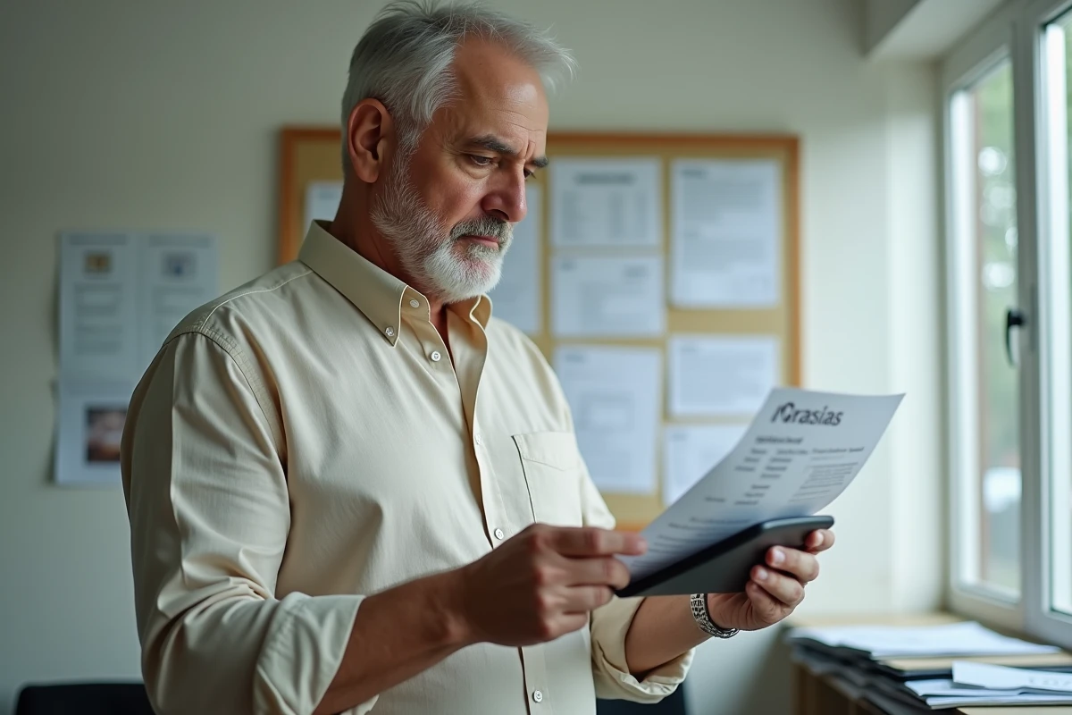Homme de 52 ans consultant une fiche de paie et une calculatrice dans un bureau d'aide juridique pour estimer son indemnité selon le Code du travail