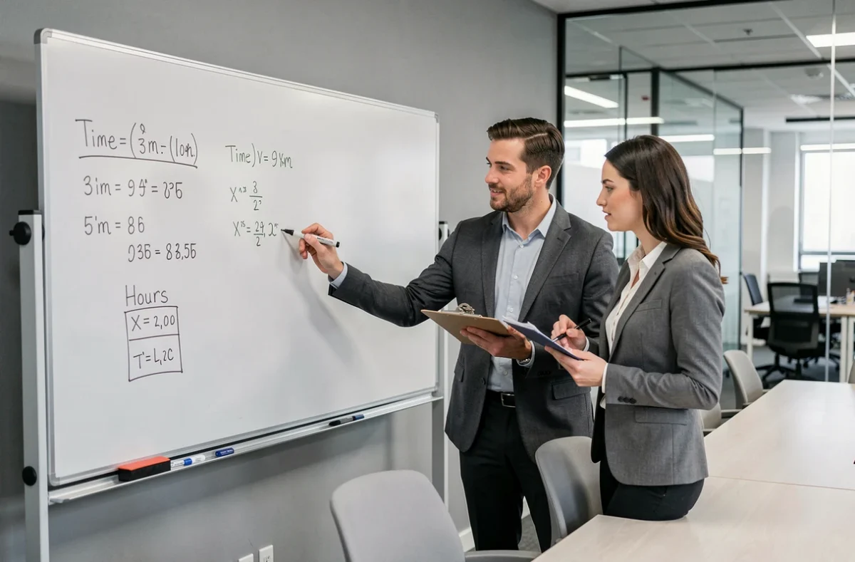 Deux collègues analysant ensemble le calcul des 151,67 heures mensuelles sur un tableau blanc en salle de réunion