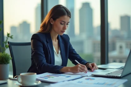 Femme d'affaires analysant des documents fiscaux liés aux activités principales d'une société dans un bureau moderne