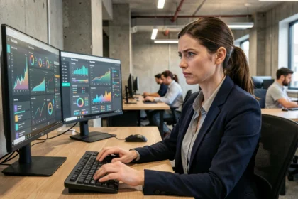 Analyste data femme concentrée sur des tableaux de bord KPI dans un bureau tech moderne