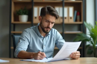 Apprenti relisant son contrat d'apprentissage avant de prendre une décision de rupture ou de démission