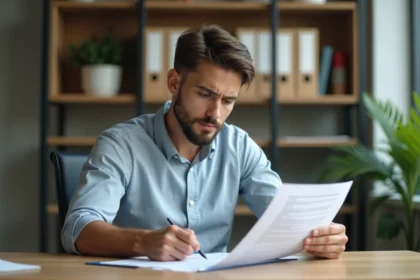 Apprenti relisant son contrat d'apprentissage avant de prendre une décision de rupture ou de démission