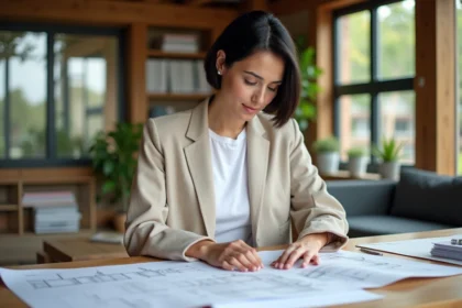 Architecte examinant des plans de construction durable dans un bureau éco-responsable avec des matériaux recyclés
