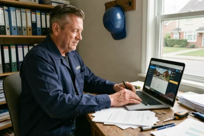 Artisan BTP indépendant consultant une plateforme de gestion de revenus sur ordinateur portable dans son bureau à domicile