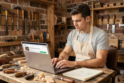 Artisan débutant en menuiserie inscrivant son activité sur une plateforme artisanale en ligne depuis son atelier