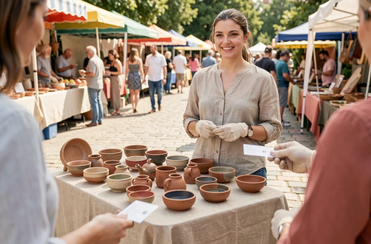 Artisane céramiste remettant une carte de visite à son premier client lors d'un marché artisanal en plein air