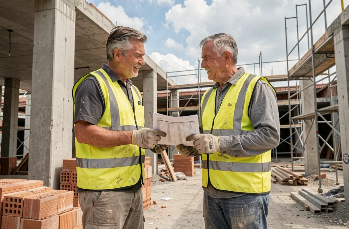Deux artisans du BTP sur un chantier de construction discutant d'un planning de travaux pour stabiliser leur activité