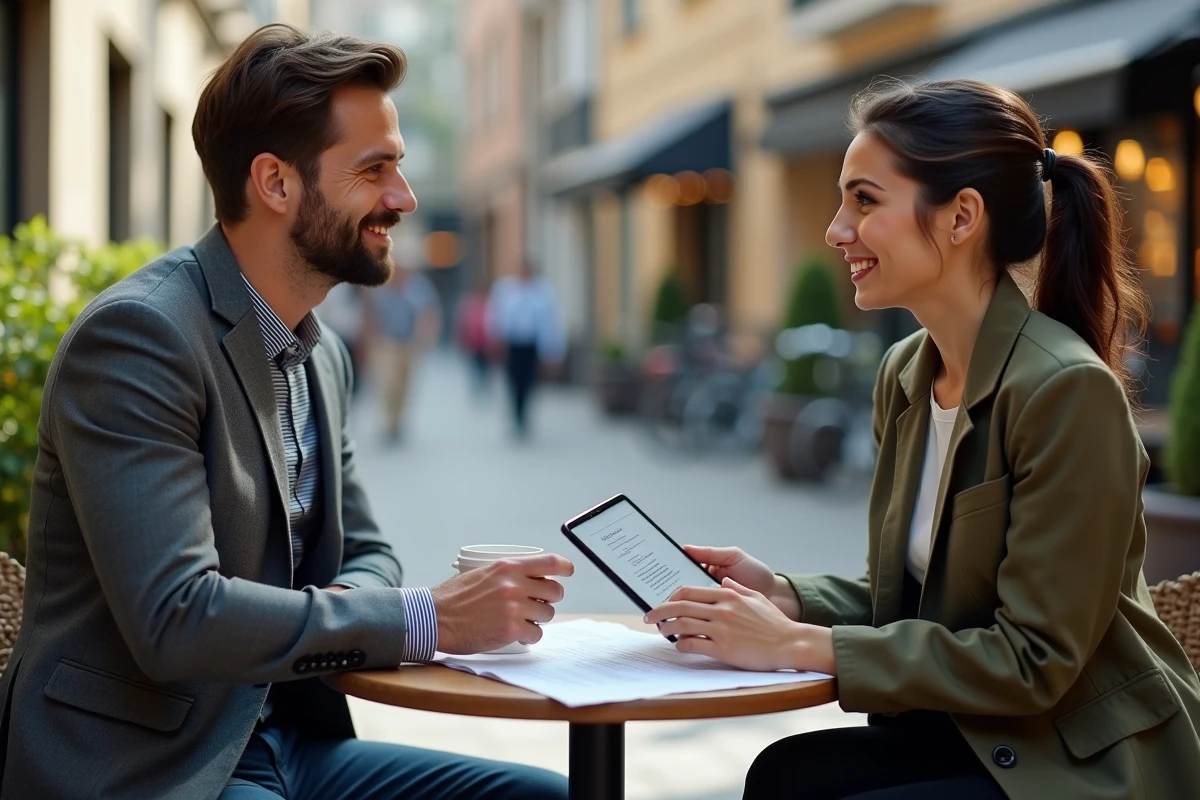 Deux associés en réunion informelle en terrasse de café, examinant un business plan imprimé et une tablette pour transformer leur projet en entreprise