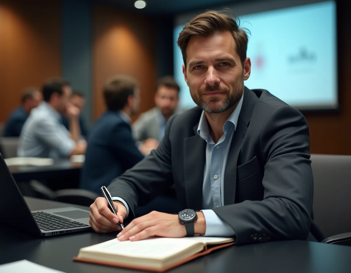 Professionnel prenant des notes lors d'un atelier de stratégie commerciale pendant un salon d'entreprises pour optimiser la génération de leads