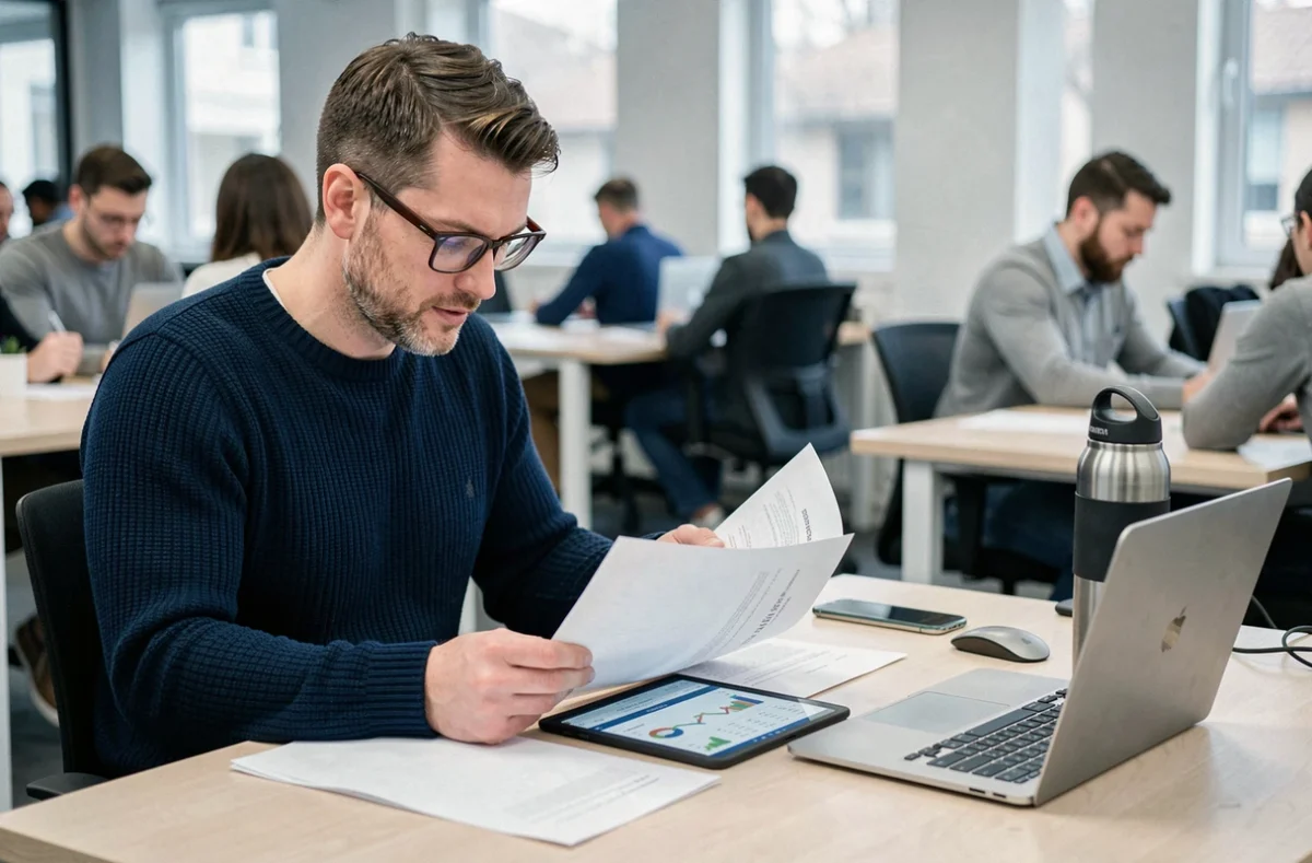 Auto-entrepreneur masculin analysant ses documents financiers dans un espace de coworking moderne