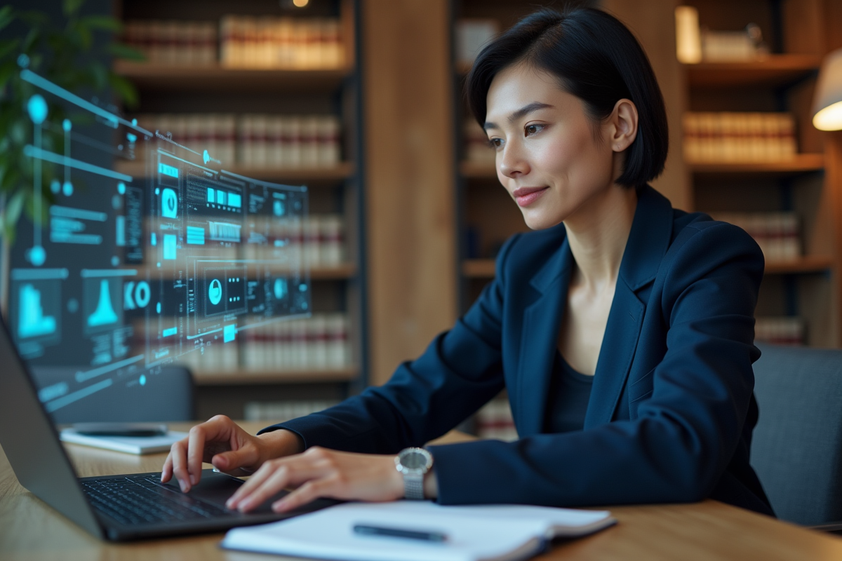 Jeune avocate en suit bleu analysant documents juridiques