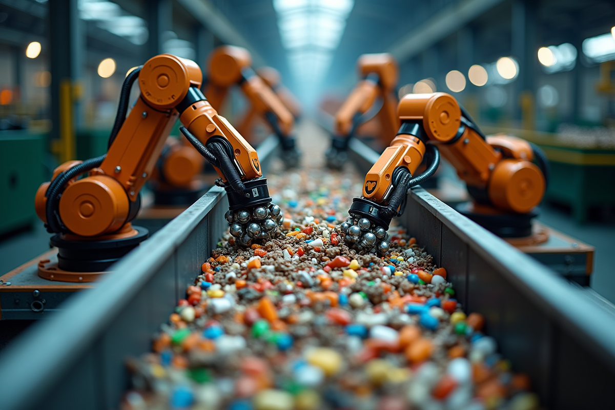Bras robotique triant des déchets colorés sur une ligne industrielle