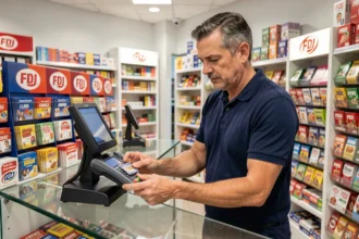 Buraliste masculin utilisant un terminal FDJ moderne dans un point de vente français