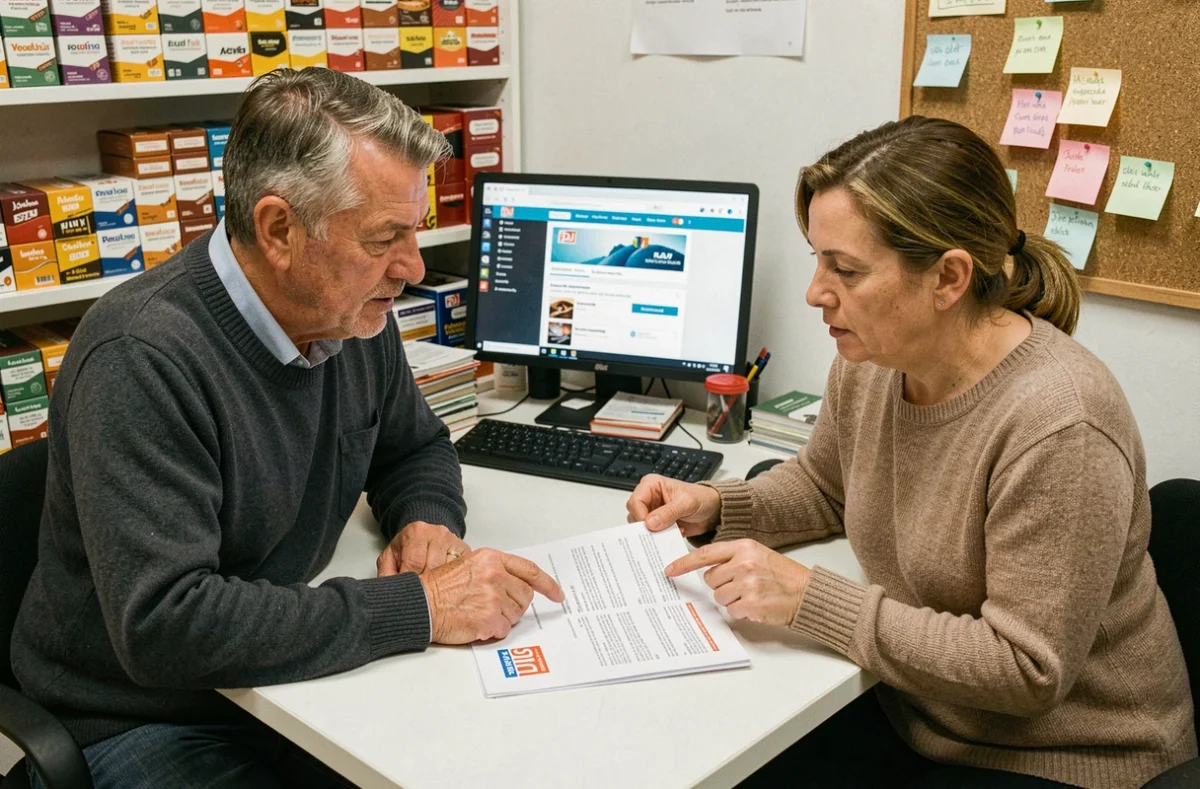 Deux commerçants buralistes examinant les nouveautés du contrat FDJ dans leur arrière-boutique