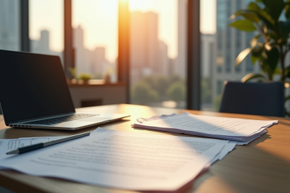 Bureau professionnel avec documents et ordinateur fermé