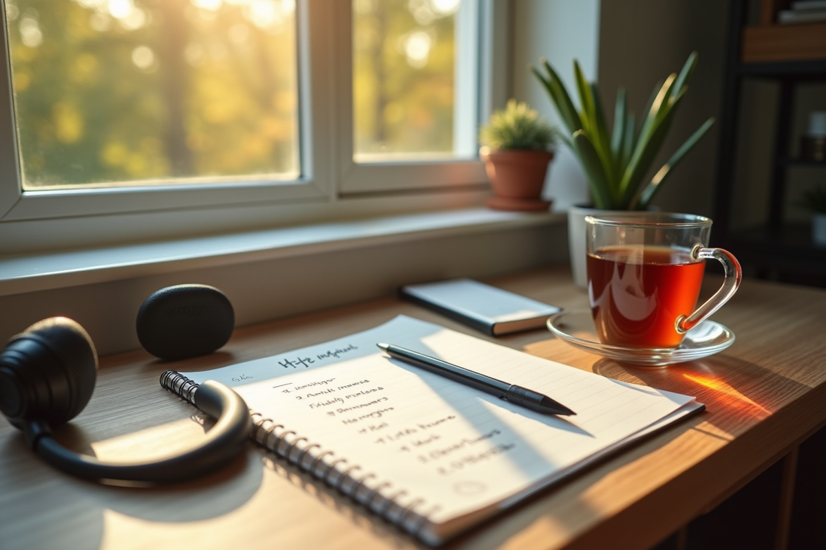 Coin bureau cosy avec lumière naturelle et liste de tâches