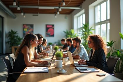 Espace de bureau moderne lumineux avec professionnels collaborant