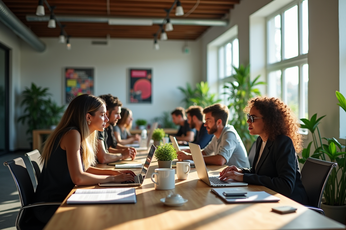 Espace de bureau moderne lumineux avec professionnels collaborant