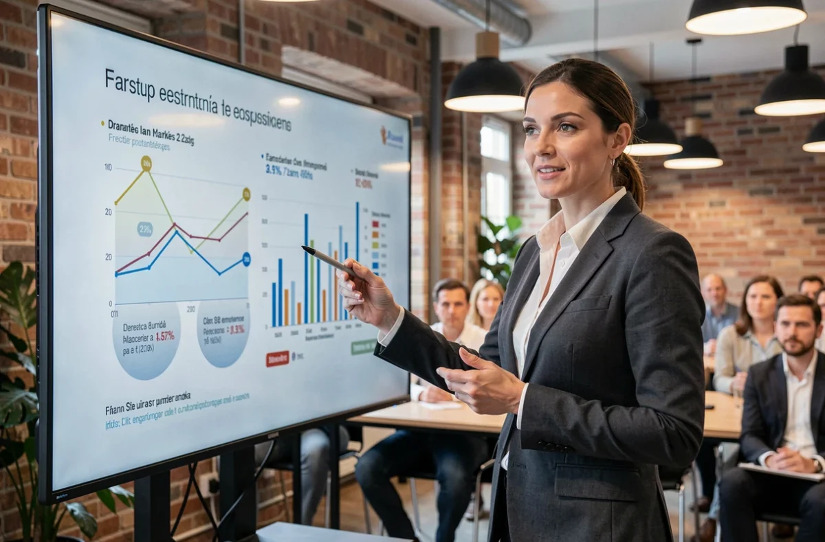 Business angel féminin présentant une analyse du marché français des investisseurs devant un écran dans un incubateur
