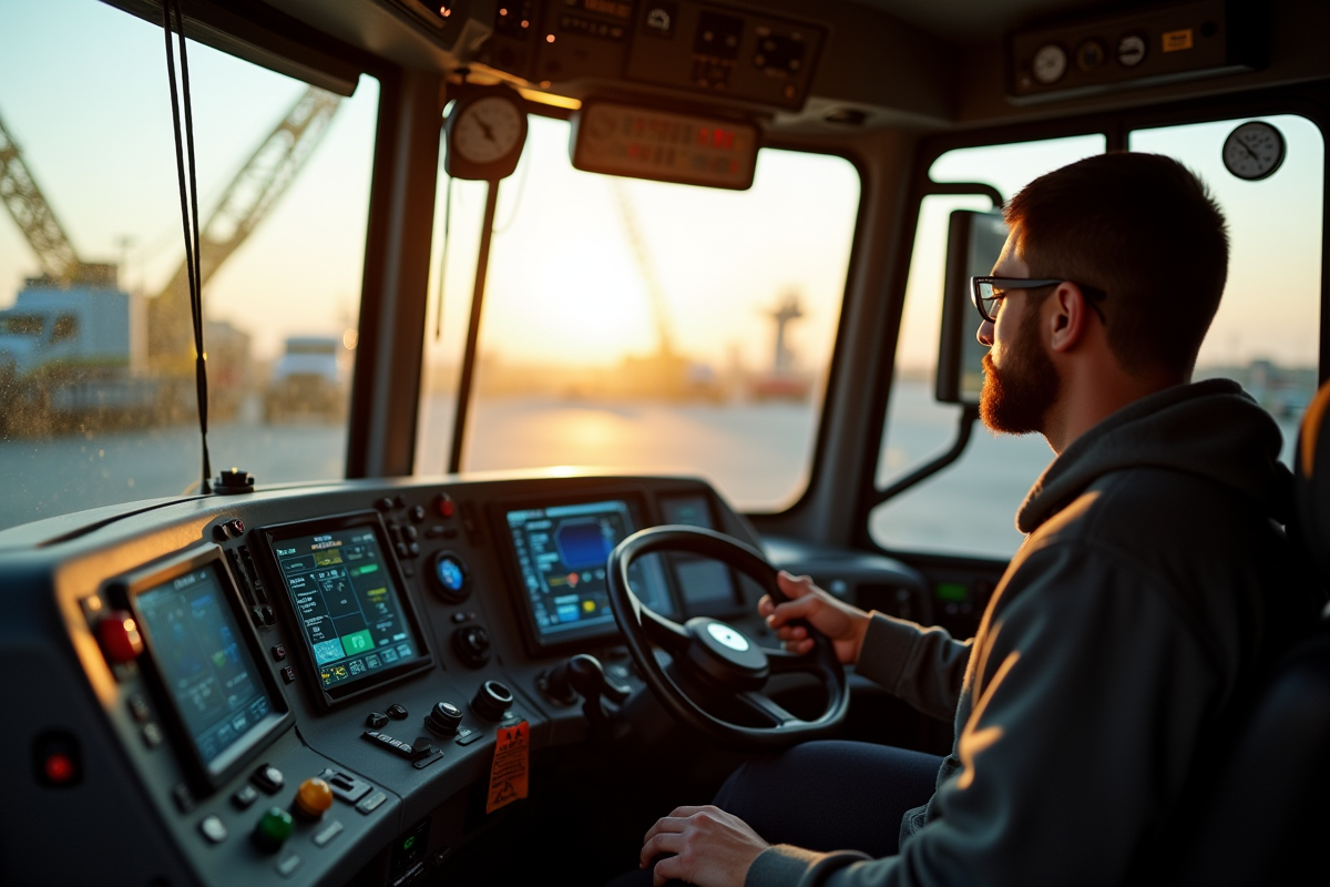Cabine de la grue avec opérateur en contrôle précis
