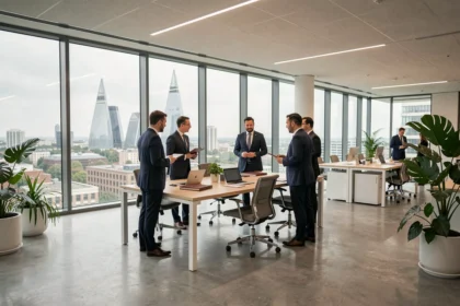 Vue d'ensemble d'un cabinet de recrutement moderne dans les Hauts-de-Seine avec des professionnels en réunion et La Défense en arrière-plan