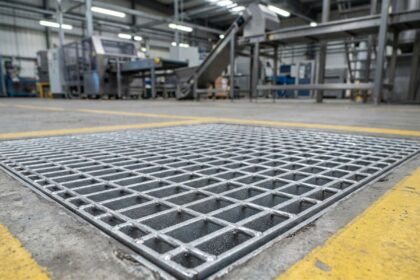 Caillebotis inox anti-dérapant sur le sol d'une usine industrielle avec marquage de sécurité jaune