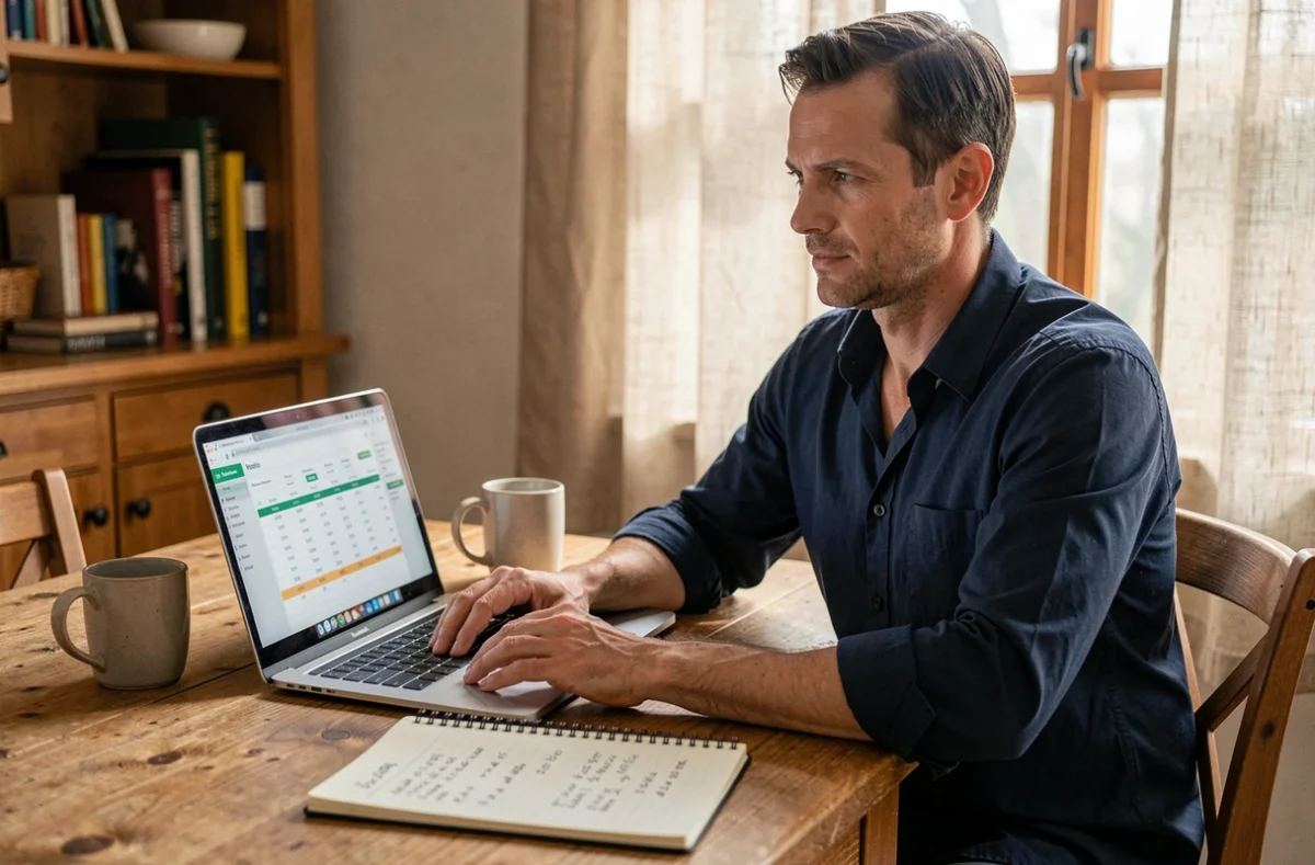 Homme en télétravail calculant ses heures de travail hebdomadaires sur ordinateur portable à la maison