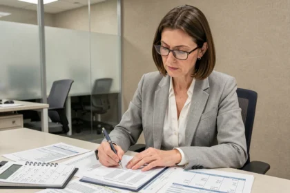 Femme cadre calculant les heures de travail mensuelles sur un planning imprimé dans un bureau moderne