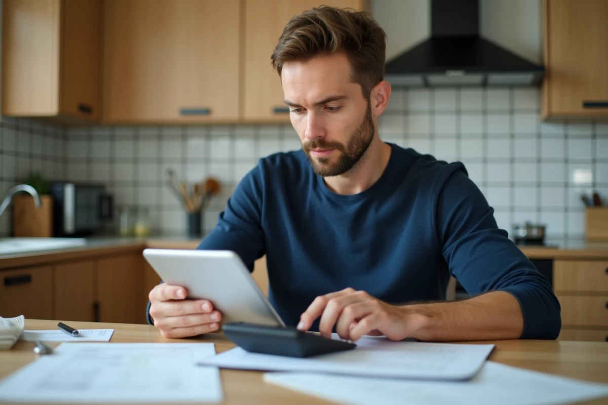 Homme consultant ses documents de fin de contrat CDD et calculatrice à domicile pour vérifier son indemnité