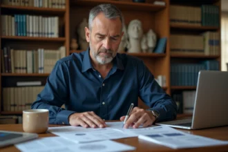 Employé de 45 ans en chemise bleue qui calcule son indemnité de licenciement avec des documents juridiques sur un bureau en bois à domicile