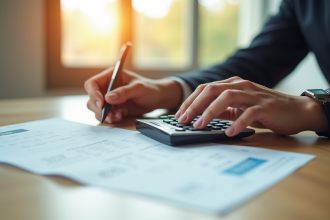 Gros plan sur des mains utilisant une calculatrice et un bulletin de salaire