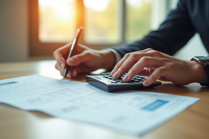 Gros plan sur des mains utilisant une calculatrice et un bulletin de salaire