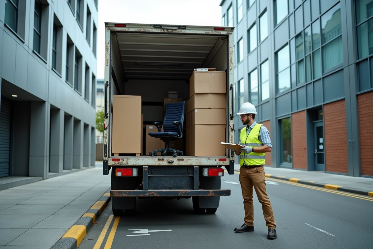 Camion de débarras professionnel chargé de mobilier de bureau devant un immeuble commercial en zone urbaine