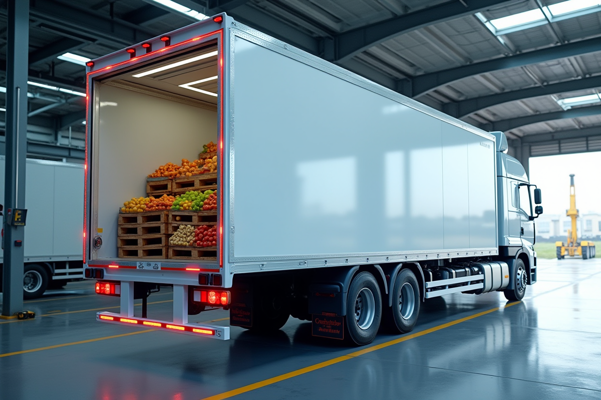 Camion frigorifique dans un hub logistique moderne avec vapeur froide