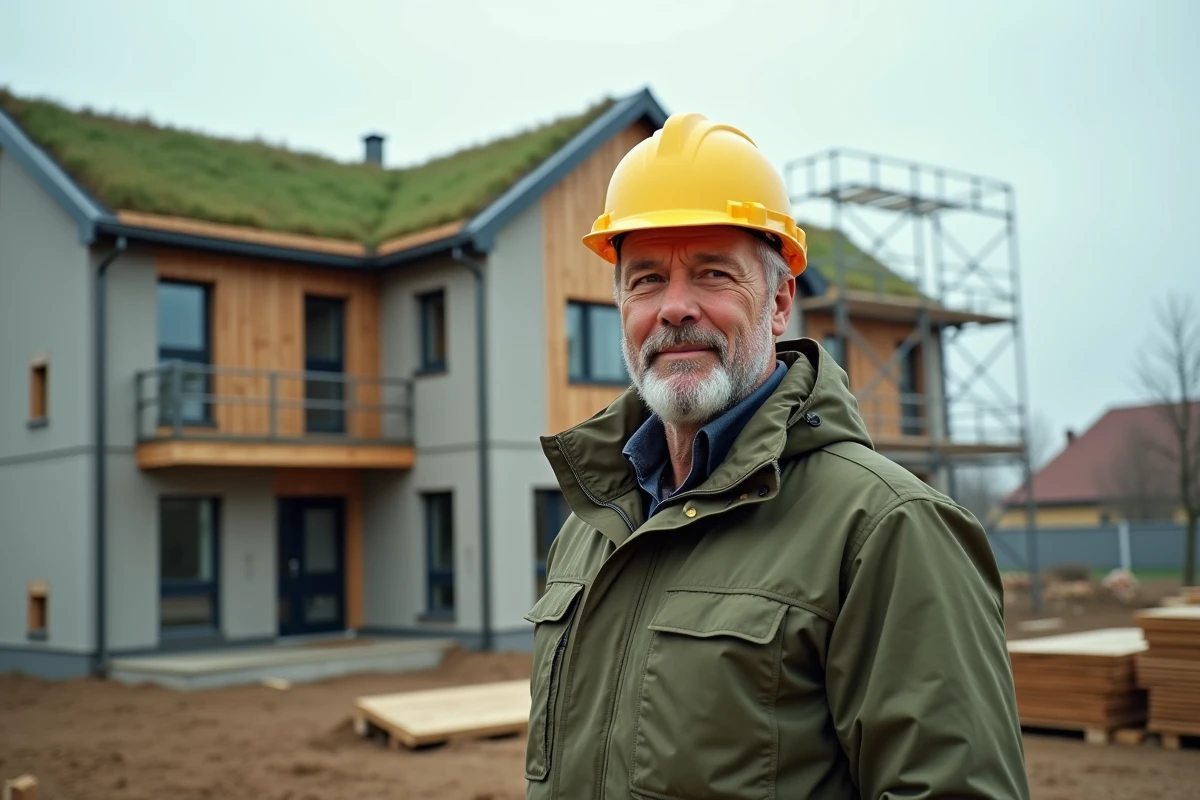 Responsable de chantier devant un immeuble résidentiel en construction avec matériaux écologiques et toiture végétalisée