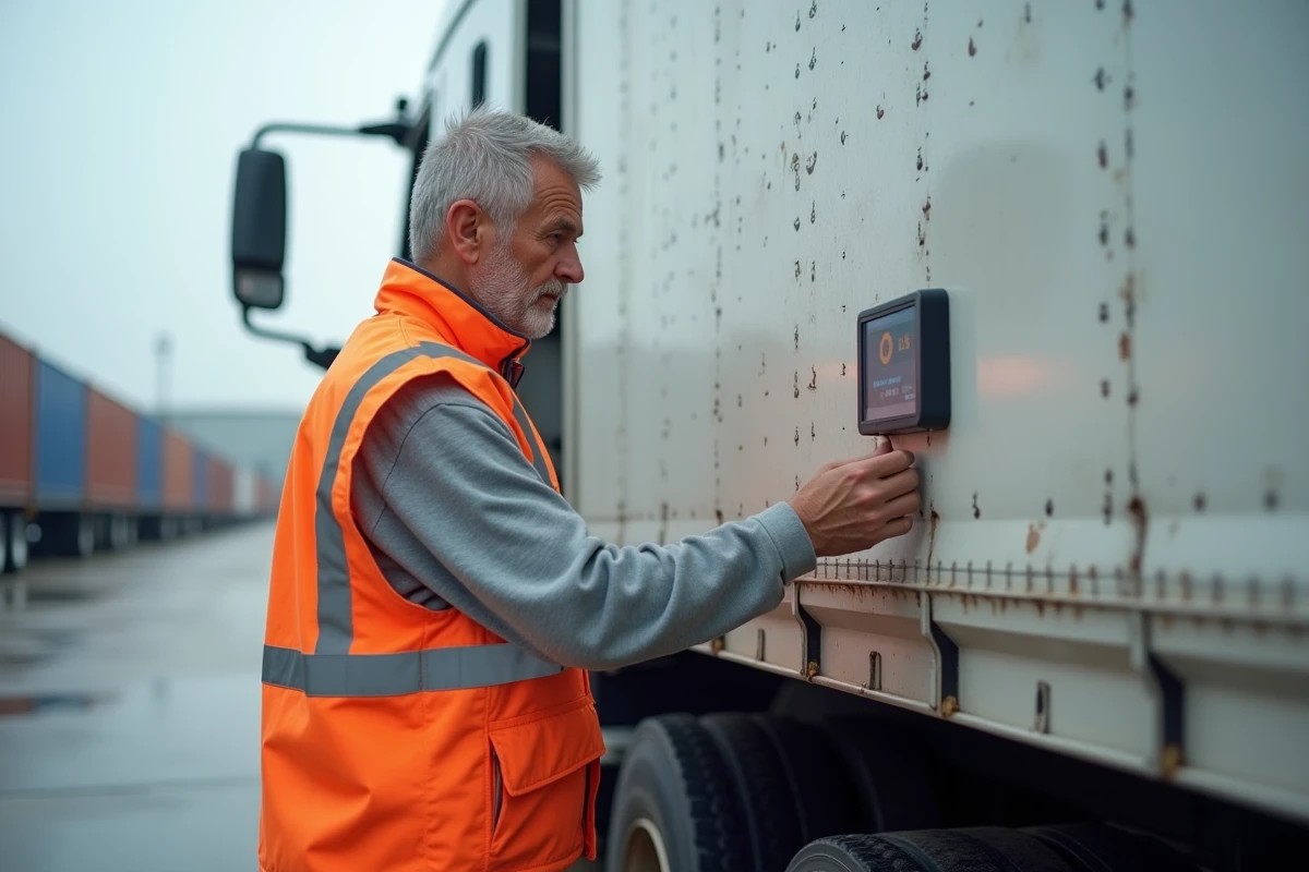 Chauffeur de camion consultant un dispositif de télématique embarqué pour le suivi de carburant et la conformité réglementaire dans un dépôt logistique