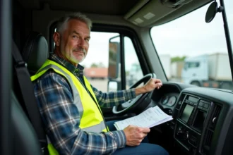 Conducteur de camion d age moyen dans sa cabine avec documents