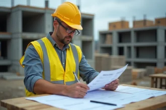 Chef de chantier en gilet de sécurité consultant des documents de suivi de budget sur un chantier BTP