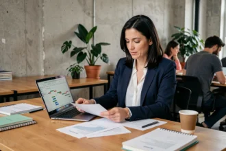 Chef de projet femme en espace de coworking analysant des documents et un planning Gantt sur ordinateur portable