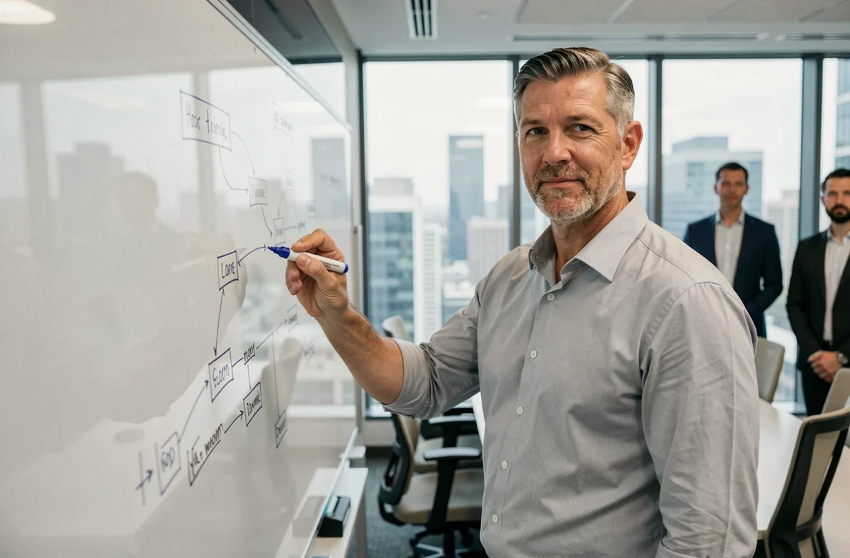 Chef de projet masculin présentant un planning sur tableau blanc dans une salle de réunion moderne en entreprise