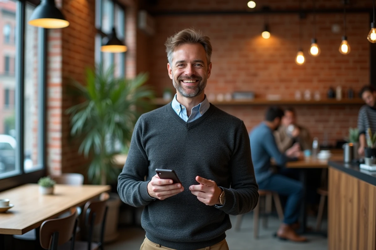 Chef d'entreprise PME consultant Monentrepriseb2b.fr sur smartphone dans un espace de coworking convivial