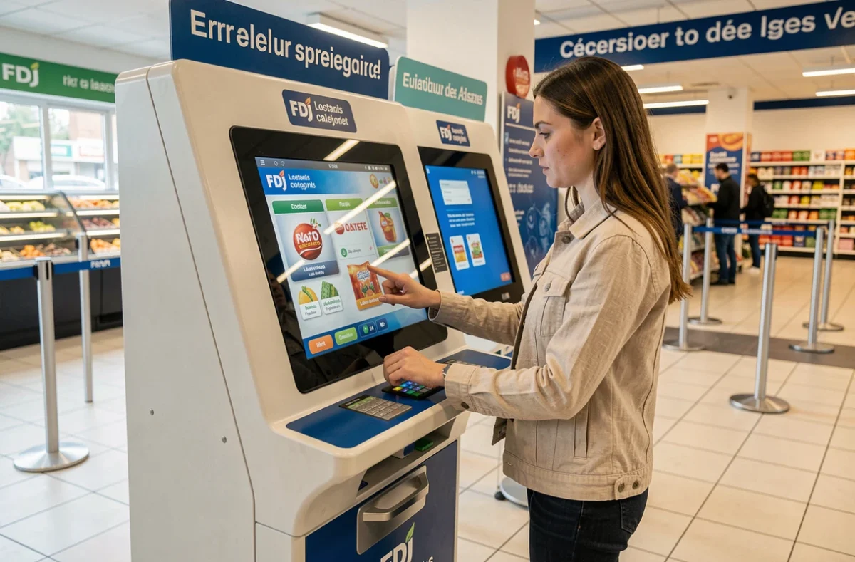 Cliente utilisant une borne en libre-service FDJ dans un supermarché français